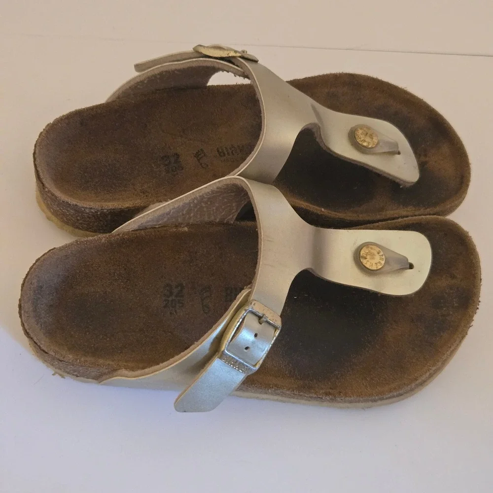 Birkenstock Gizeh Kids Metallic Gold Thong Sandals Cork Footbed EU 32 US 1-1.5